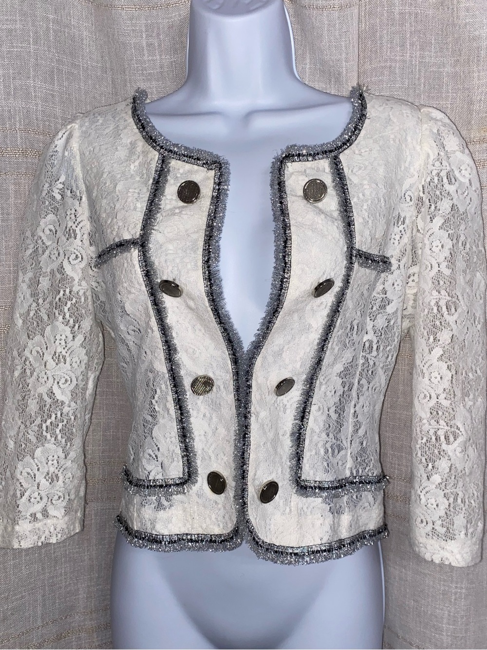 VTG Korean White Floral Lace Shrug Metallic Trim Cropped Jacket M - Picture 2 of 16